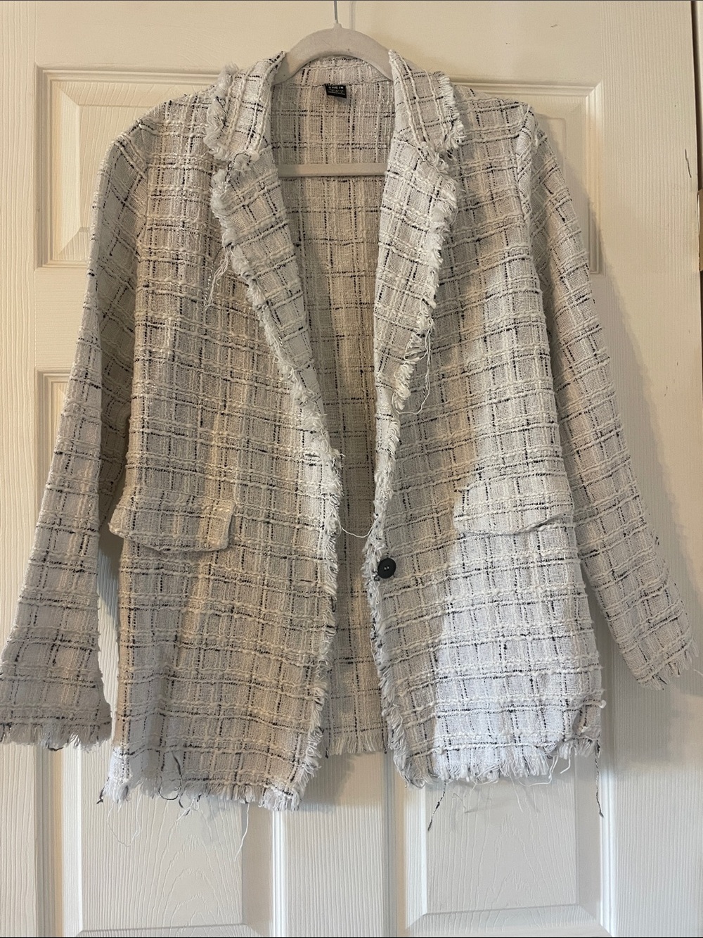 White Frayed Tweed Open-Front Blazer